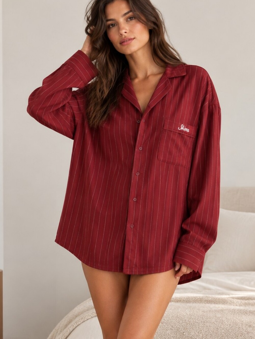SKIMS NWT Elavated Flannel Sleep Top Size LARGE MERLOT Color TOP ONLY